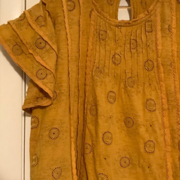 anthropology MUSTARD YELLOW FLATTER SLEEVE EYELET EMBROIDERED COTTON - Picture 13 of 15